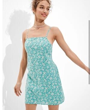 American Eagle Blue Floral Tie Back Mini Dress Size L Square‎ Neck Sundress